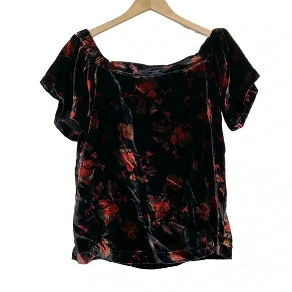 Loft Velvet Floral Short Sleeve Top Off Shoulder Size XS - Picture 1 of 6
